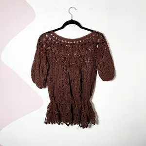 Brown Crochet Knit‎ Short Sleeve Peplum Top Sz Small Boho Vacation Y2K Beach thumbnail 2