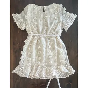 &merci Pom Pom Mini Dress Small Cream Boho Textured Ruffle Cottagecore Romantic‎ thumbnail 3