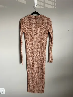 LOVERS + FRIENDS Brown Snake Print Long Sleeve Collared Midi Dress Sz S thumbnail 4