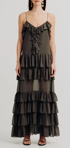 TORN BY RONNY KOBO Orcadia Tiered Ruffle Maxi Dress Dark Gray Size M NEW thumbnail 1