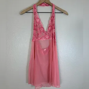 Vintage 90’s 2000’s Victoria’s Secret Chemise Sheer Pink with Lace Halter M L thumbnail 3