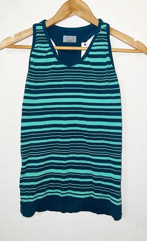 Athleta Neon Stripe Teal Racerback Active Fitted Tank Top thumbnail 1