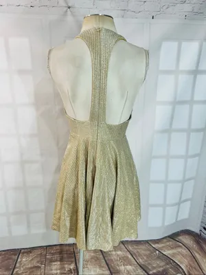 Lulus Gold Apryl Mae Metallic Sleeveless V-Neck Racerback Skater Dress Sz Small thumbnail 7