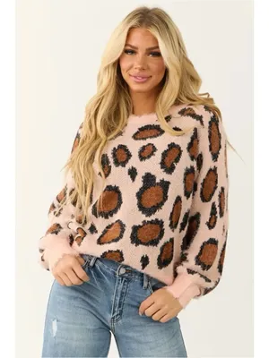 Umgee Leopard Print Fuzzy Sweater Pink Animal Print Oversized Size Small thumbnail 7
