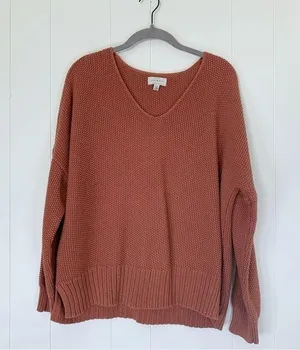 Lucky Brand Brick Red V-Neck Pullover Sweater L thumbnail 1