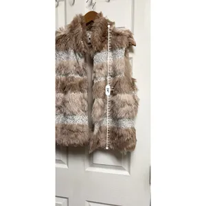 Dylan Women‎ Large Faux Fur Striped Vest Brown Tan Cream Open Front Lined thumbnail 6