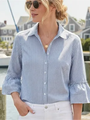 Chico's 2 Blue White Striped Button-Down Shirt Womens Large Coastal Preppy EUC thumbnail 1