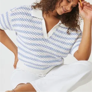 Maeve Anthropologie Knit Polo Top Womens Large Blue White Striped Surplice Back thumbnail 1