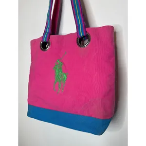 1980s–90s Ralph Lauren Polo Canvas Tote Bag Pink Blue Big Pony Cotton Carryall thumbnail 6