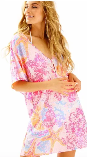 Lilly Pulitzer Womens Balleta Linen Starfish Coral Print Beach Coverup Size M thumbnail 1