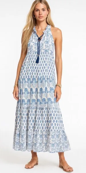 Calypso St Barth Daria Dress M Blue White Block Print Floral Cotton Resort Maxi thumbnail 1