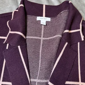 Nine West Womens Size Medium Burgundy Windowpane Plaid Long Cardigan Sweater thumbnail 6
