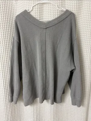 Aerie Wonder Textured Ribbed V-Neck Sweatshirt in Silver Shadow Small thumbnail 5