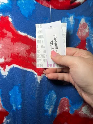 LuLaRoe Frankie Red, Blue & White Abstract Tie-Dye Short Sleeve Hoodie thumbnail 2