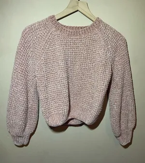 Altar’d State Pink Chenille Cropped Sweater Small Cozy Waffle KnitBalloon Sleeve thumbnail 1