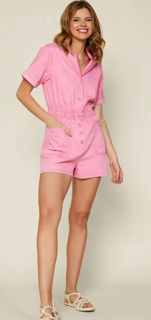 Skies Are Blue Pink Denim Romper thumbnail 2