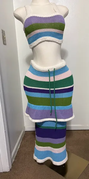 SheIn striped net crop top and skirt set in blue, pink and green thumbnail 1