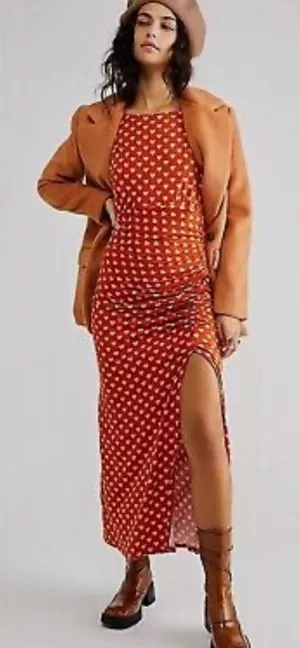 Free People Lakeside Heart Printed Midi Dress Orange Ginger Combo Sz M NWT thumbnail 1