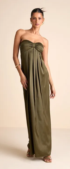 NWT Lulus Memorable Entrance Olive Green Strapless Satin Maxi Dress Holiday Sz L thumbnail 1