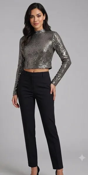 ✨ NWOT 28th & PARK Gunmetal Sequin Long Sleeve Crop Top M ✨ thumbnail 1