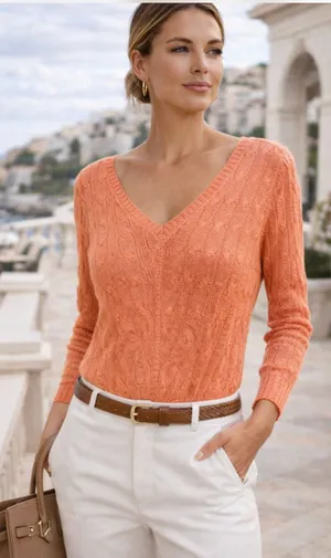 Ralph Lauren Black Label Silk V-Neck Knit Sweater Salmon Coral Medium thumbnail 1