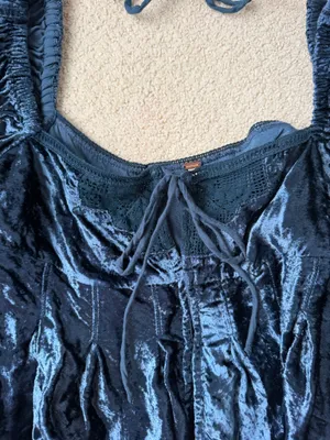 Free People navy blue velvet long sleeve crop top with tie back detail thumbnail 3