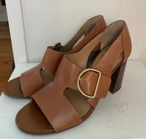 Franco Sarto Cognac Leather Block Heel Sandals with Gold Buckle thumbnail 1