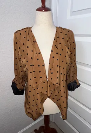 MINE Polka Dot Print Roll Tab Sleeve Open Cascade Front Blazer Jacket Size L thumbnail 1