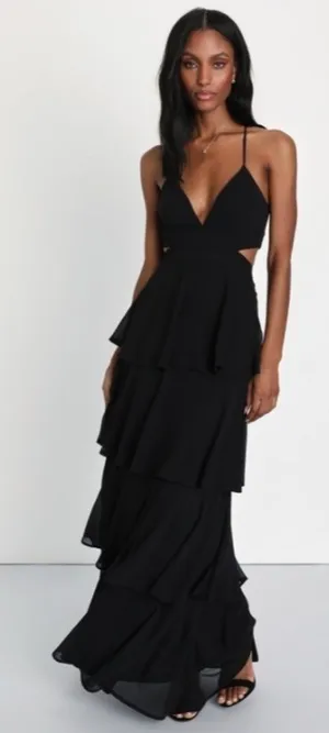 LULUS Prom Wedding Bridesmaid Sexy Tiered Ruffles Black Maxi Dress thumbnail 1