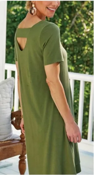 Soft Surroundings Olive Green Pima Cotton Cutout Camille Dress Petite M boho thumbnail 1