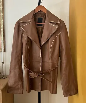 Vintage G Collection Genuine Leather Moto‎ Jacket Contrast Stitch Belt Camel Tan thumbnail 1