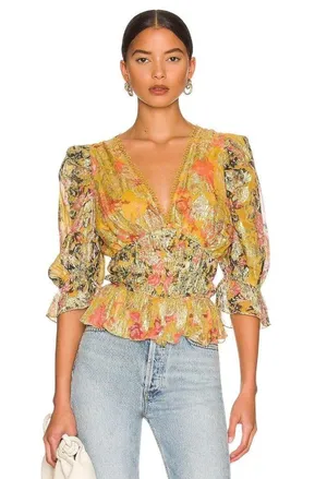 HEMANT AND NANDITA Nova Bodysuit in Mustard Multi X-Small New Womens Blouse Top thumbnail 1