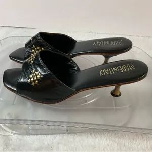 Black Leather Studded Brass Heels Slides Sandals Sz 8.5 Narrow made‎ in Italy thumbnail 4