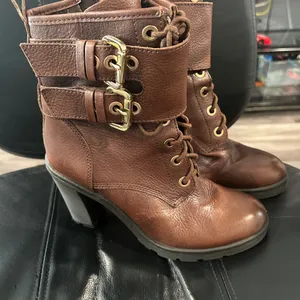 Guess Brown Leather Ankle Boots with Gold Buckle lace up. Read description. thumbnail 1