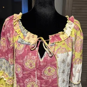 Cato Womens Patchwork Print Ruffle Tie Neck Blouse‎ Pink Yellow Size L thumbnail 3