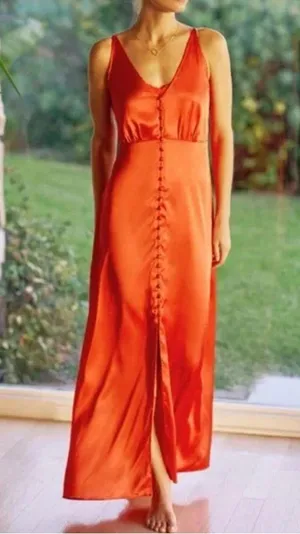 Anthropologie NEW Red Satin Button Front Slip Dress thumbnail 8