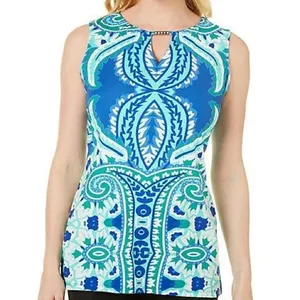 Maria Gabrielle Size 1X Blue Paisley Sleeveless Rhinestone Keyhole Neck Top thumbnail 3