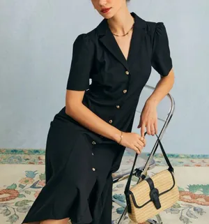 Rihoas The Black V Neck Button Puff Sleeve Midi Dress thumbnail 2