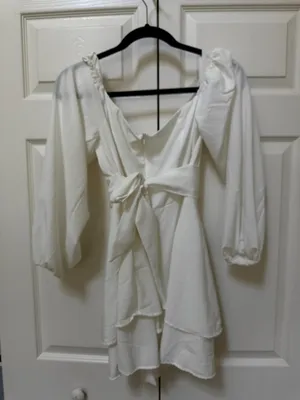 White Puff Sleeve Cutout Tie-Back Ruffle Mini Dress Small thumbnail 3
