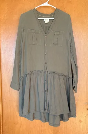 Maeve by Anthropologie‎ Olive Green Gauze Ruffle Tunic Dress Shirt Size 2 thumbnail 1