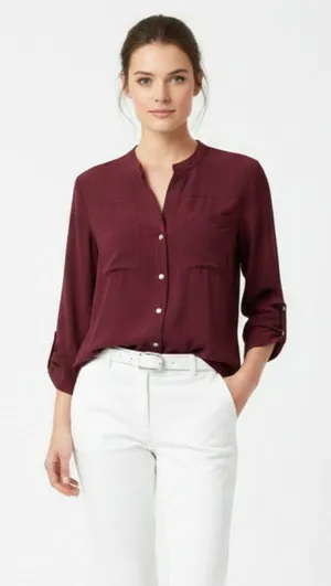 100% Silk Max Studio Burgundy Button Close Long Sleeve Colarless Blouse Top M thumbnail 1