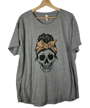 Boutique Gray‎ Skull Messy Bun Leopard Headband Crewneck T-Shirt XL thumbnail 1