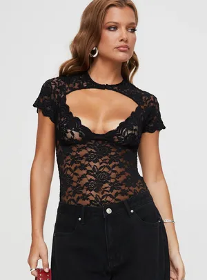 Princess Polly Giallo Cutout Lace Black Bodysuit thumbnail 1