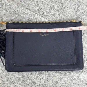 Tory Burch Thea Navy Pebbled Leather Tassel Clutch Bag Gold Hardware thumbnail 6