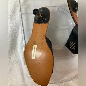 Black Leather Studded Brass Heels Slides Sandals Sz 8.5 Narrow made‎ in Italy thumbnail 8