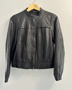 ⁠a.n.a Womens Black Genuine Leather Bomber Jacket Band Collar Medium Zip Y2K thumbnail 1