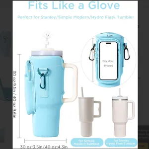Dabria Water Bottle Carrier Bag w/ Phone Pocket Stanley 40oz Tumbler Neoprene Bl thumbnail 3