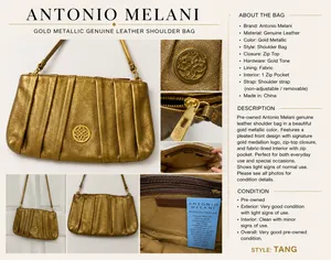 Antonio Melani Gold Metallic Genuine Leather Shoulder Bag Pleated Zip Purse thumbnail 7
