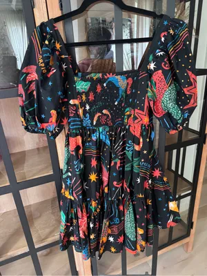 Farm Rio zodiac mini dress babydoll puff short sleeve colorful print thumbnail 4