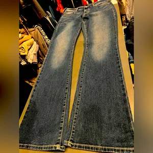 True Religion Blue Jeans with Vintage Wash and Horseshoe Stitching thumbnail 1
